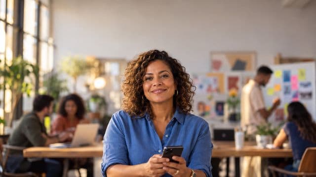 Profissional de marketing sorrindo, com camisa casual azul, segurando um smartphone, em uma agência criativa moderna com equipe desfocada e quadros de ideias