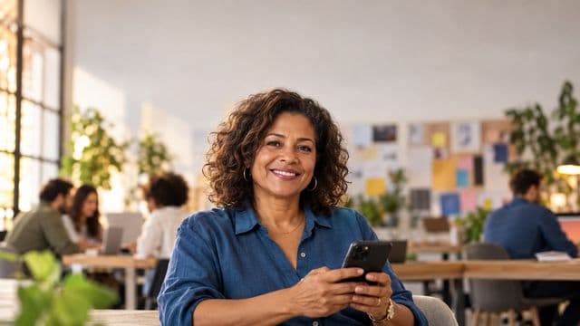 Profissional de marketing sorrindo, com camisa casual azul, segurando um smartphone, em uma agência criativa moderna com equipe desfocada e quadros de ideias