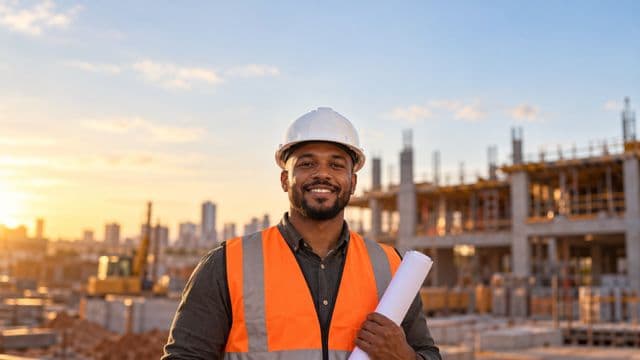 Engenheiro civil sorrindo, com capacete branco e colete refletivo laranja, segurando uma planta da obra enrolada, em um canteiro de obras com a estrutura de um prédio