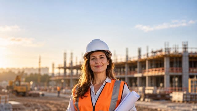 Engenheira civil sorrindo, com capacete branco e colete refletivo laranja, segurando uma planta da obra enrolada, em um canteiro de obras com a estrutura de um prédio