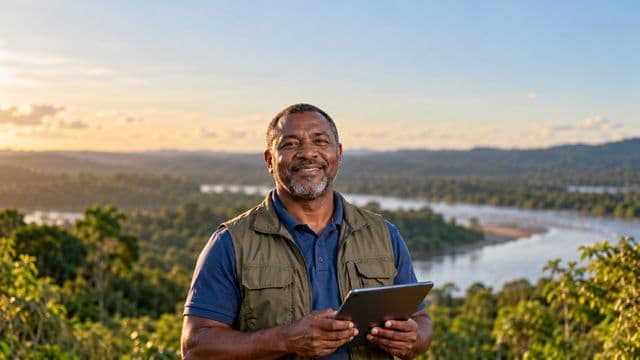 Gestor ambiental sorrindo, com camisa polo azul e colete de campo, segurando um tablet, em uma área de preservação com mata e um rio