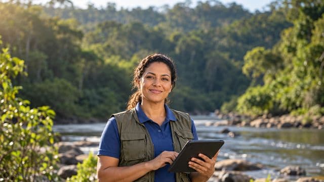 Gestora ambiental sorrindo, com camisa polo azul e colete de campo, segurando um tablet, em uma área de preservação com mata e um rio
