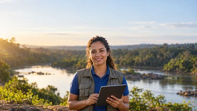 Gestora ambiental sorrindo, com camisa polo azul e colete de campo, segurando um tablet, em uma área de preservação com mata e um rio