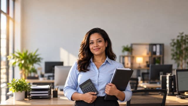 Contadora sorrindo, com camisa social azul-clara, segurando uma calculadora e uma pasta de documentos, em um escritório contábil moderno
