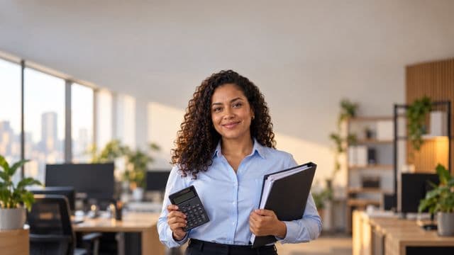 Contadora sorrindo, com camisa social azul-clara, segurando uma calculadora e uma pasta de documentos, em um escritório contábil moderno