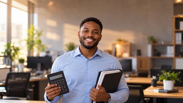 Contador sorrindo, com camisa social azul-clara, segurando uma calculadora e uma pasta de documentos, em um escritório contábil moderno