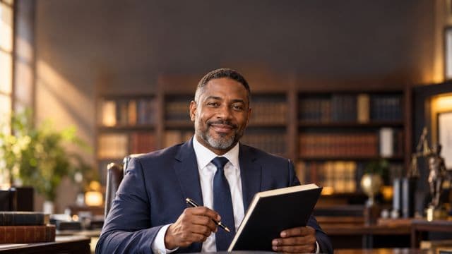 Advogado sorrindo, com terno azul-marinho e camisa branca, segurando um livro de capa lisa e uma caneta, em um escritório de advocacia elegante com estantes de livros