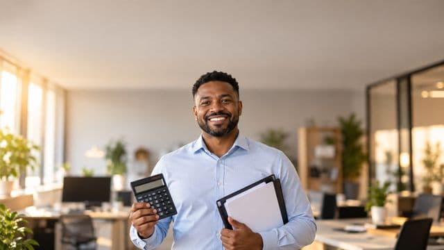 Contador sorrindo, com camisa social azul-clara, segurando uma calculadora e uma pasta de documentos, em um escritório contábil moderno