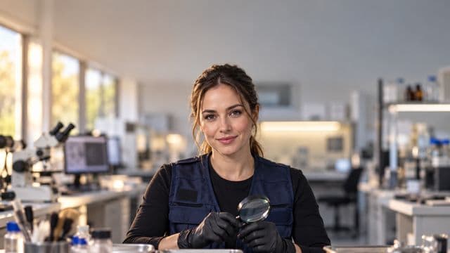 Perita criminal sorrindo, com colete azul-escuro de perícia sobre camisa preta e luvas, segurando uma lupa, em um laboratório de perícia forense