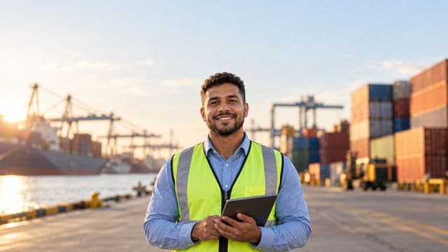 Analista de comércio exterior sorrindo, com camisa social azul e colete refletivo, segurando um tablet, em um porto com contêineres coloridos empilhados