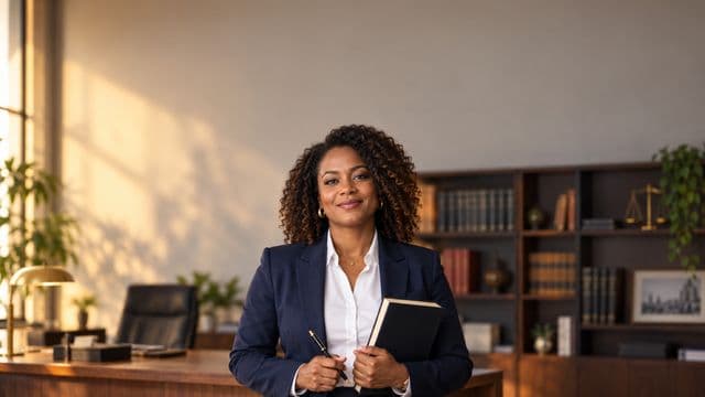 Advogada sorrindo, com terno azul-marinho e camisa branca, segurando um livro de capa lisa e uma caneta, em um escritório de advocacia elegante com estantes de livros