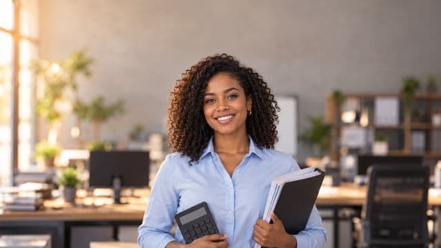 Contadora sorrindo, com camisa social azul-clara, segurando uma calculadora e uma pasta de documentos, em um escritório contábil moderno