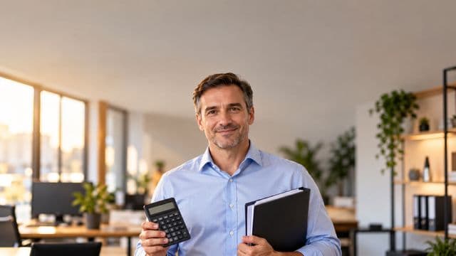 Contador sorrindo, com camisa social azul-clara, segurando uma calculadora e uma pasta de documentos, em um escritório contábil moderno