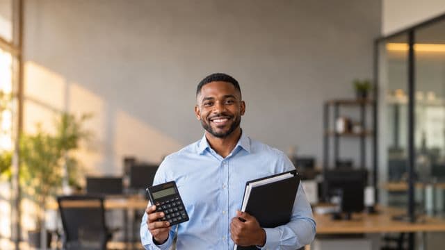Contador sorrindo, com camisa social azul-clara, segurando uma calculadora e uma pasta de documentos, em um escritório contábil moderno