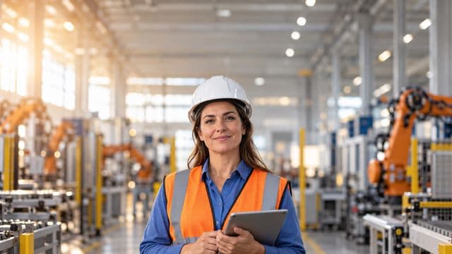 Engenheira de automação sorrindo, com capacete branco e colete laranja sobre camisa azul, segurando um tablet, em uma fábrica moderna com braços robóticos