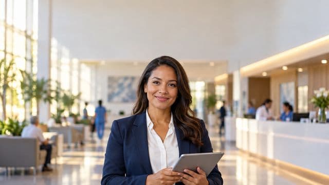 Gestora hospitalar sorrindo, com blazer azul-marinho sobre camisa branca, segurando um tablet, em a recepção de um hospital moderno