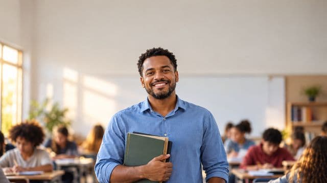 Professor sorrindo, com camisa social azul, segurando livros de capa lisa, em uma sala de aula moderna e clara com alunos desfocados