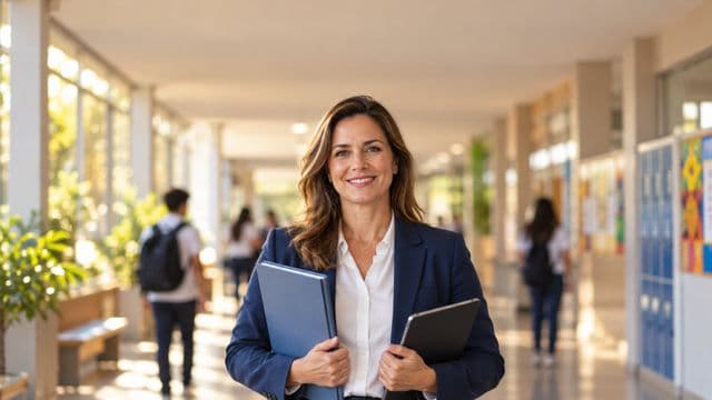 Gestora escolar sorrindo, com blazer azul sobre camisa branca, segurando uma pasta e um tablet, em o corredor de uma escola moderna com alunos desfocados