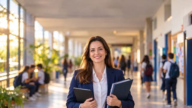 Gestora escolar sorrindo, com blazer azul sobre camisa branca, segurando uma pasta e um tablet, em o corredor de uma escola moderna com alunos desfocados