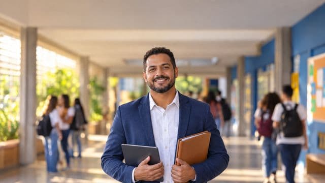 Gestor escolar sorrindo, com blazer azul sobre camisa branca, segurando uma pasta e um tablet, em o corredor de uma escola moderna com alunos desfocados
