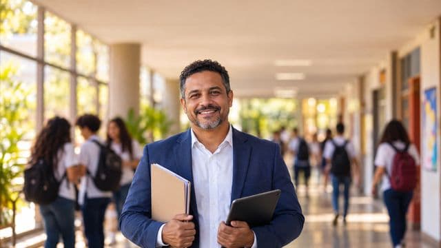 Gestor escolar sorrindo, com blazer azul sobre camisa branca, segurando uma pasta e um tablet, em o corredor de uma escola moderna com alunos desfocados