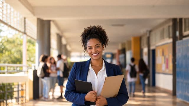 Gestora escolar sorrindo, com blazer azul sobre camisa branca, segurando uma pasta e um tablet, em o corredor de uma escola moderna com alunos desfocados
