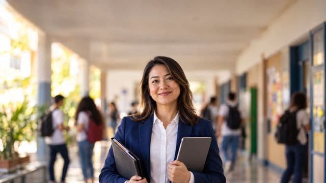 Gestora escolar sorrindo, com blazer azul sobre camisa branca, segurando uma pasta e um tablet, em o corredor de uma escola moderna com alunos desfocados
