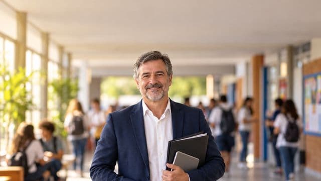 Gestor escolar sorrindo, com blazer azul sobre camisa branca, segurando uma pasta e um tablet, em o corredor de uma escola moderna com alunos desfocados