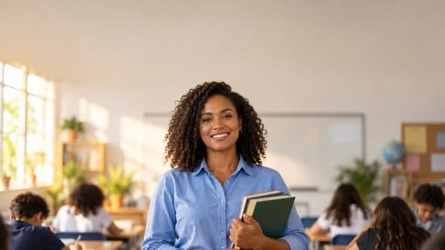 Professora sorrindo, com camisa social azul, segurando livros de capa lisa, em uma sala de aula moderna e clara com alunos desfocados