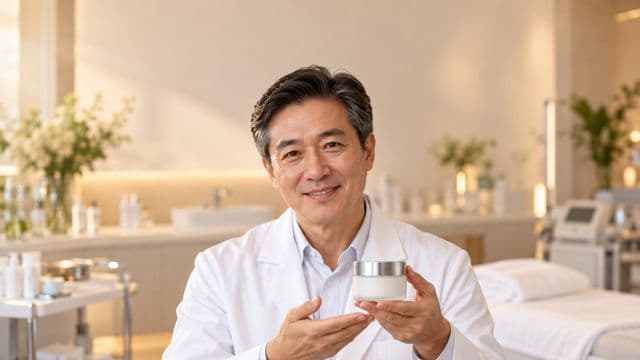 Profissional de estética sorrindo, com jaleco branco, segurando um frasco de cosmético sem rótulo, em uma clínica de estética clara e sofisticada