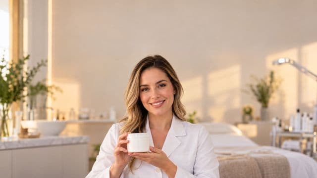Profissional de estética sorrindo, com jaleco branco, segurando um frasco de cosmético sem rótulo, em uma clínica de estética clara e sofisticada