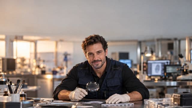 Perito criminal sorrindo, com colete azul-escuro de perícia sobre camisa preta e luvas, segurando uma lupa, em um laboratório de perícia forense