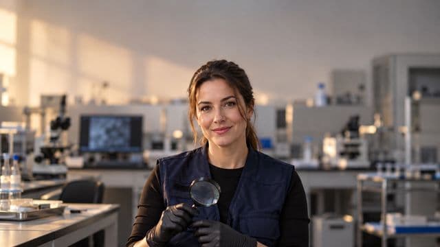 Perita criminal sorrindo, com colete azul-escuro de perícia sobre camisa preta e luvas, segurando uma lupa, em um laboratório de perícia forense