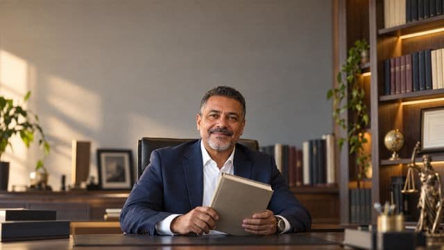 Advogado sorrindo, com terno azul-marinho e camisa branca, segurando um livro de capa lisa, em um escritório de advocacia elegante com estantes de livros