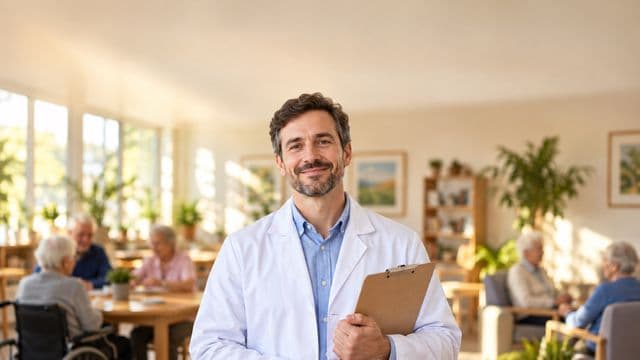 Profissional de gerontologia sorrindo, com jaleco branco sobre camisa azul-clara, segurando uma prancheta, em um centro de convivência para idosos, claro e acolhedor