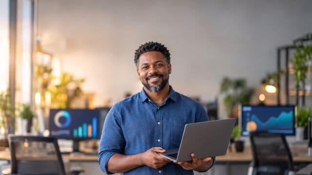 Cientista de dados sorrindo, com camisa casual azul, segurando um notebook aberto, em um escritório de tecnologia moderno com telas de gráficos desfocadas