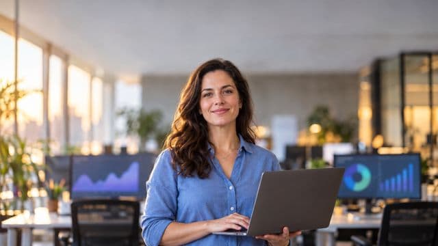 Cientista de dados sorrindo, com camisa casual azul, segurando um notebook aberto, em um escritório de tecnologia moderno com telas de gráficos desfocadas