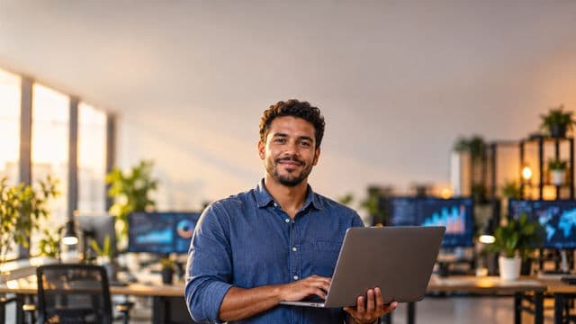 Cientista de dados sorrindo, com camisa casual azul, segurando um notebook aberto, em um escritório de tecnologia moderno com telas de gráficos desfocadas