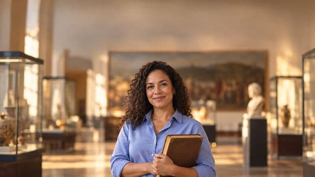 Professora de história sorrindo, com camisa social azul, segurando um livro antigo de capa lisa, em um museu histórico com vitrines desfocadas