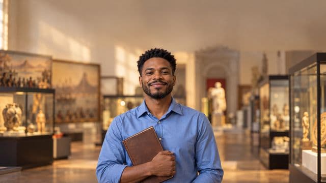 Professor de história sorrindo, com camisa social azul, segurando um livro antigo de capa lisa, em um museu histórico com vitrines desfocadas