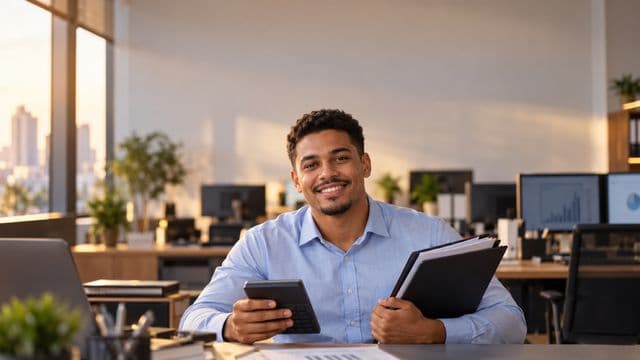 Contador sorrindo, com camisa social azul-clara, segurando uma calculadora e uma pasta de documentos, em um escritório contábil moderno