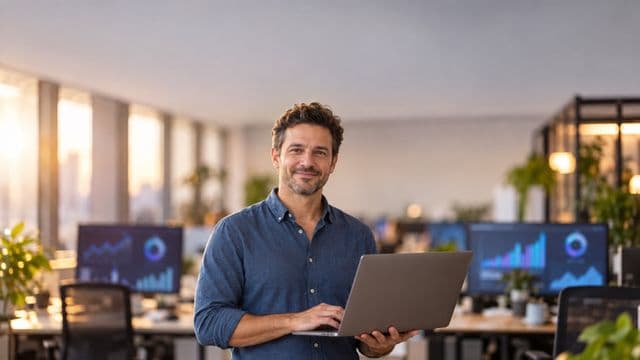 Cientista de dados sorrindo, com camisa casual azul, segurando um notebook aberto, em um escritório de tecnologia moderno com telas de gráficos desfocadas