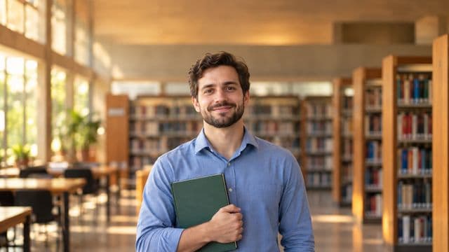 Professor de ciências humanas sorrindo, com camisa social azul, segurando um livro de capa lisa, em uma biblioteca universitária com estantes