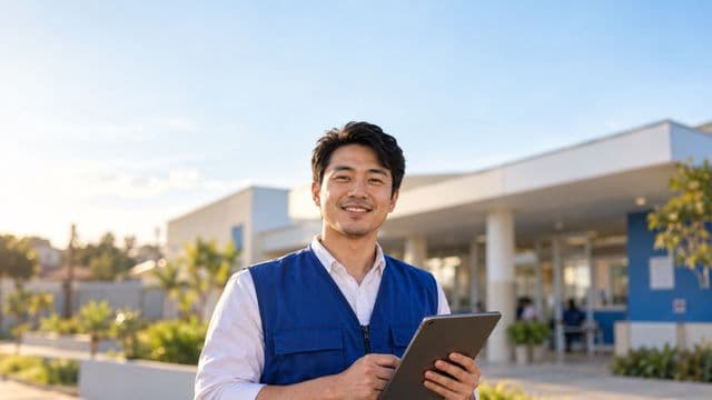 Agente de saúde pública sorrindo, com colete azul de equipe de saúde sobre camisa branca, segurando um tablet, em uma unidade básica de saúde moderna