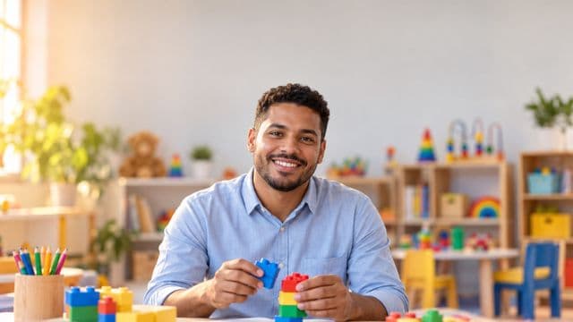 Psicopedagogo sorrindo, com camisa azul-clara, segurando blocos de montar coloridos, em uma sala de atendimento infantil colorida e organizada, com brinquedos pedagógicos