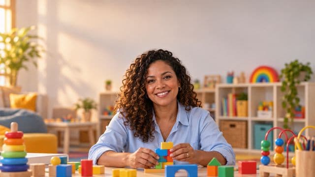 Psicopedagoga sorrindo, com camisa azul-clara, segurando blocos de montar coloridos, em uma sala de atendimento infantil colorida e organizada, com brinquedos pedagógicos