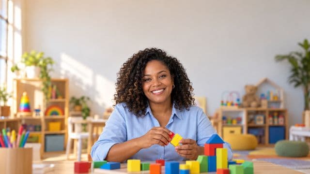 Psicopedagoga sorrindo, com camisa azul-clara, segurando blocos de montar coloridos, em uma sala de atendimento infantil colorida e organizada, com brinquedos pedagógicos