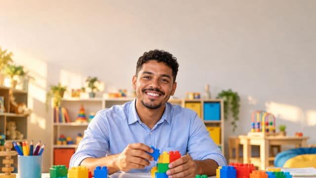Psicopedagogo sorrindo, com camisa azul-clara, segurando blocos de montar coloridos, em uma sala de atendimento infantil colorida e organizada, com brinquedos pedagógicos