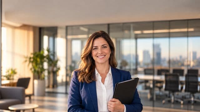 Profissional de recursos humanos sorrindo, com blazer azul sobre camisa branca, segurando uma pasta de documentos, em um escritório moderno com uma sala de reunião envidraçada