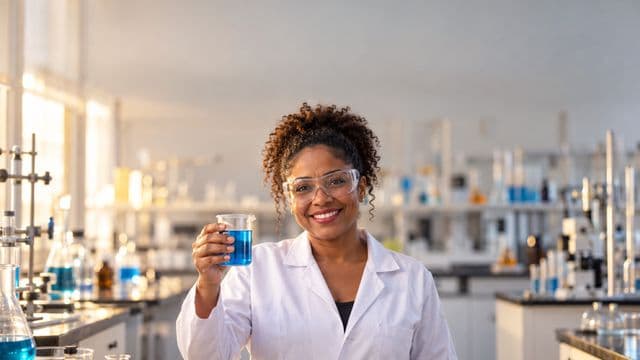 Professora de química sorrindo, com jaleco branco e óculos de proteção, segurando um béquer com líquido azul, em um laboratório de química com vidrarias